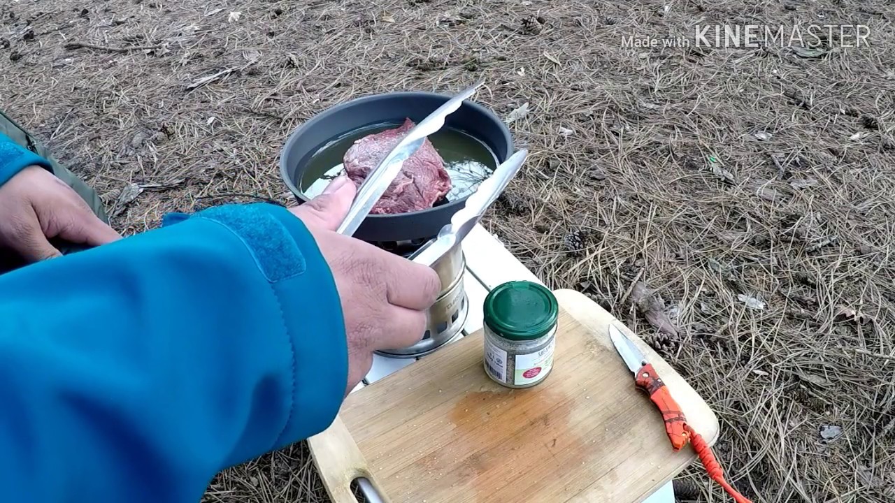 Trangia Burner with Tomshoo Stove, Cooking Beef Steak