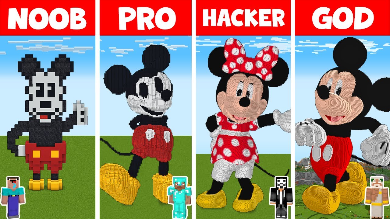 Minecraft NOOB vs PRO vs HACKER vs GOD - MICKEY MOUSE STATUE HOUSE BUILD CHALLENGE