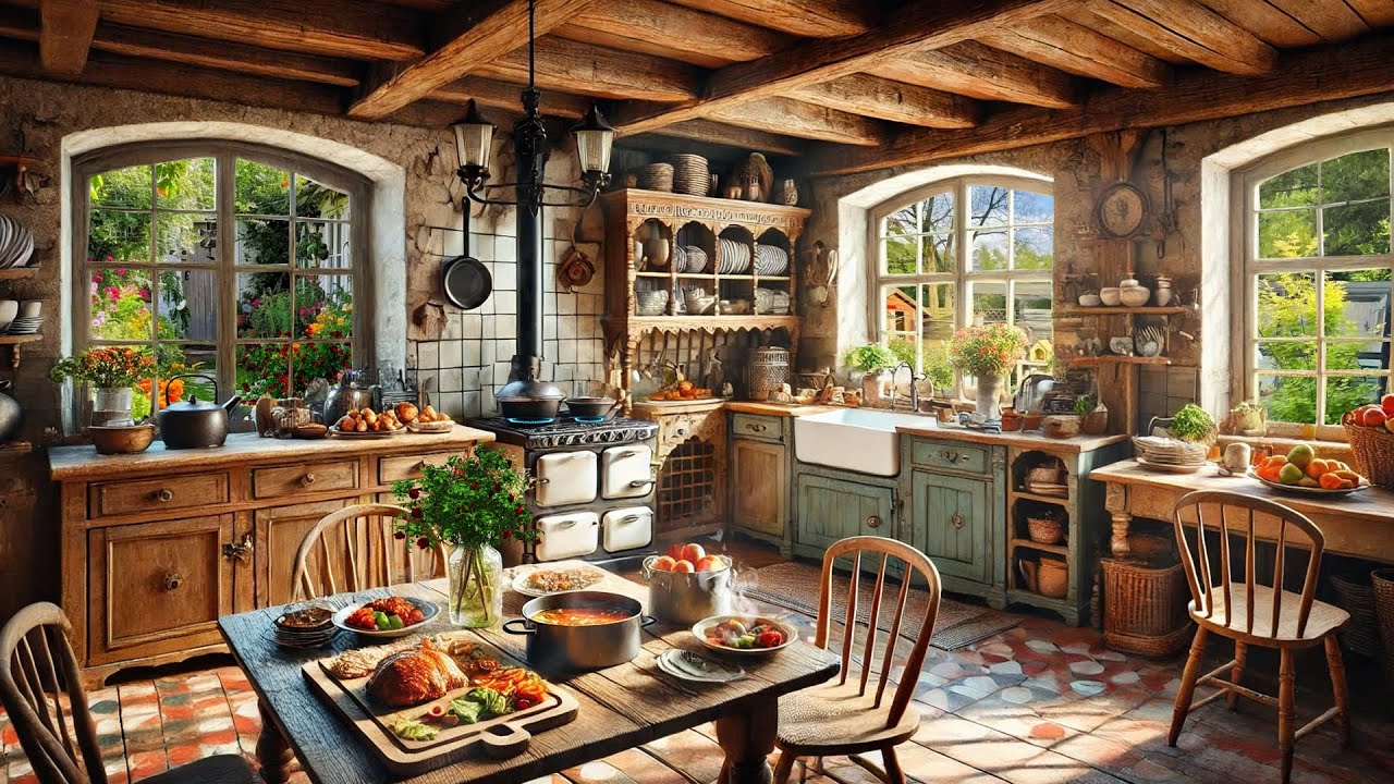 Cozy Spring Kitchen ASMR Ambience with sound of cooking & Bubbling and songbirds