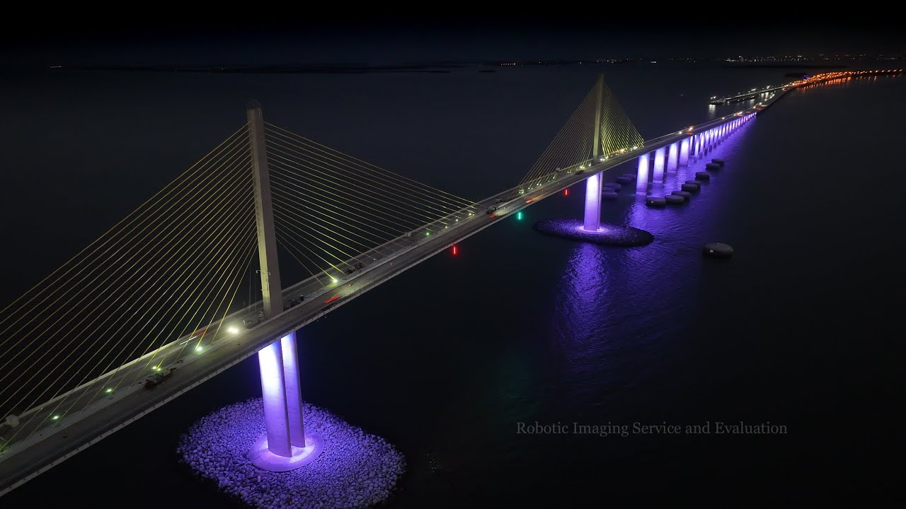 Florida Sunshine Skyway Bridge. Beauty from a Disaster. Aerial footage from night to sunrise.