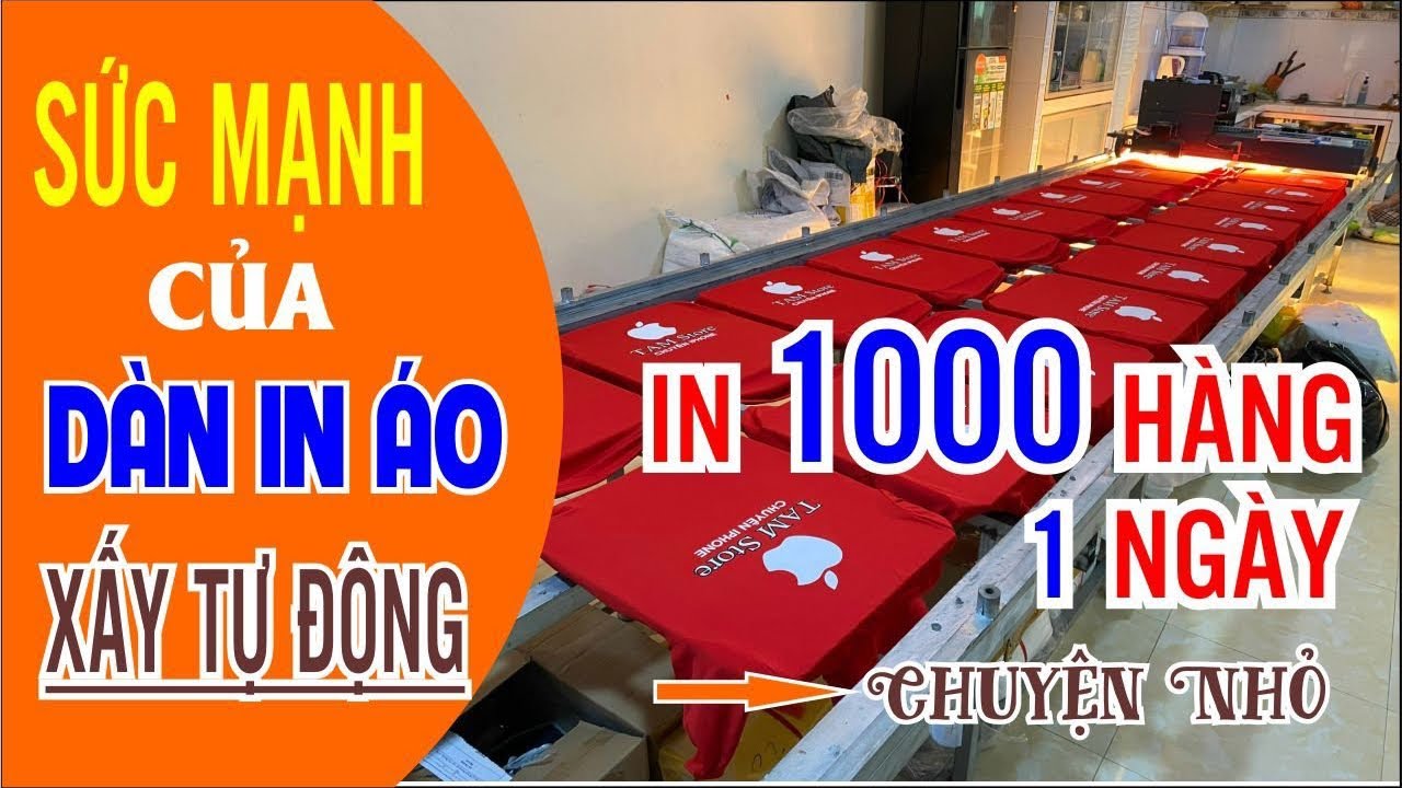 Dàn in áo có máy xấy chạy bàn tự động.  Dàn in áo thun 20 bàn in cực chuẩn cực nhanh cho anh em