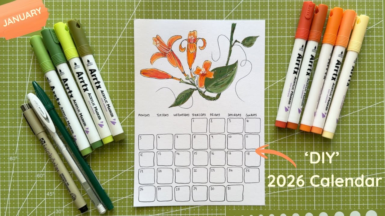 Creating my own 2026 CALENDAR using Acrylic Markers 🧡 January - Flame Vine / Pyrostegia Venusta