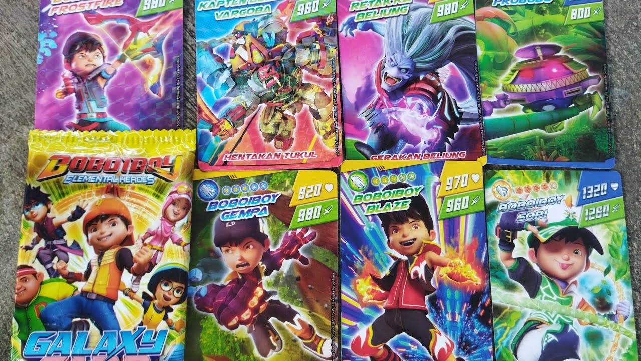 Mimpi dapat Kartu Boboiboy Galaxy Pek Fusion, FrostFire, Gempa, Blaze, Sori, Kapten Vargoba, Retak'a
