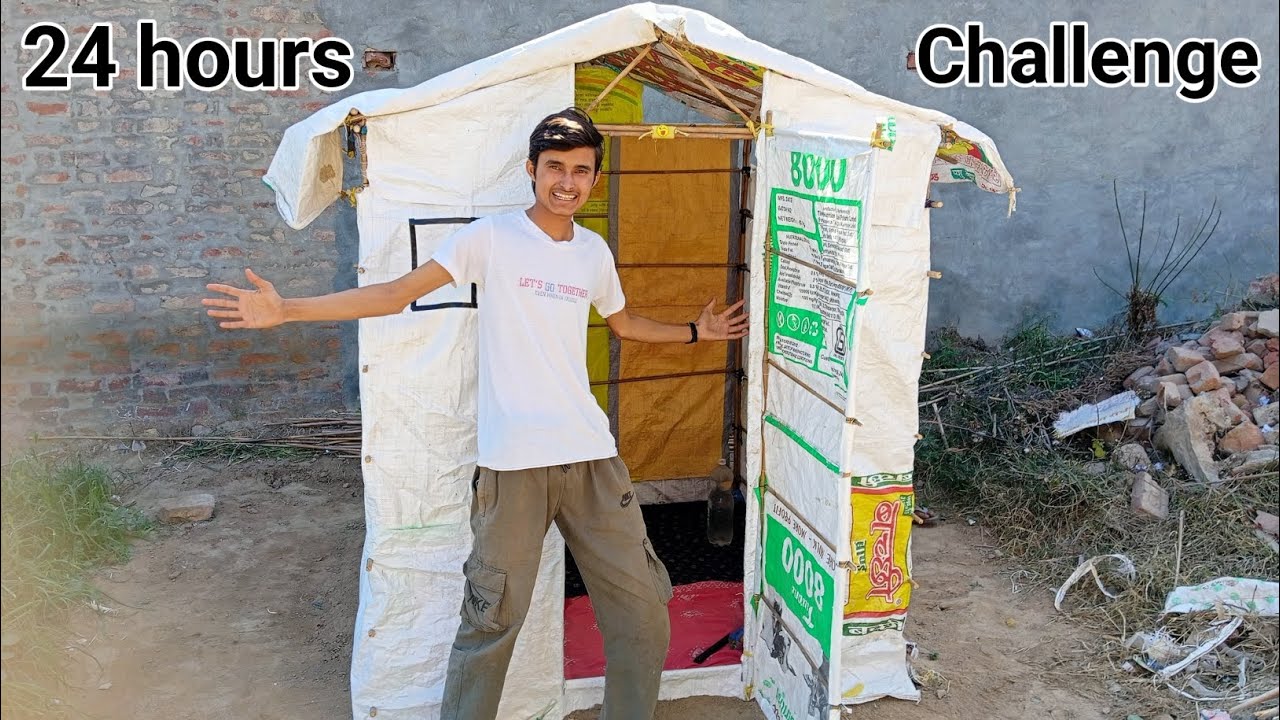 24 Hours in Gunny Bag House Challenge 😱 24 घंटे इस कट्टा की झोपड़ी में #24hours #challenge 