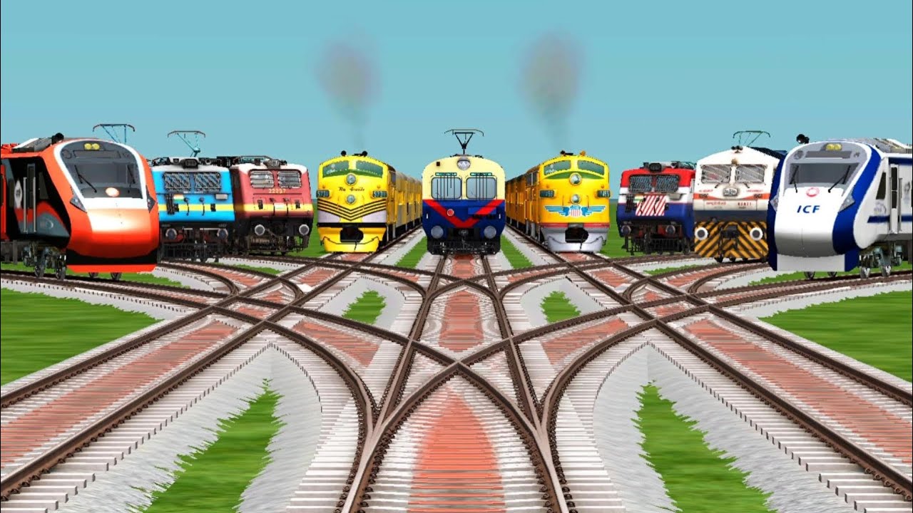 9 Trains Railroad Crossing By Bumpy Railroad Tracks || Indian railways || train simulator classic 