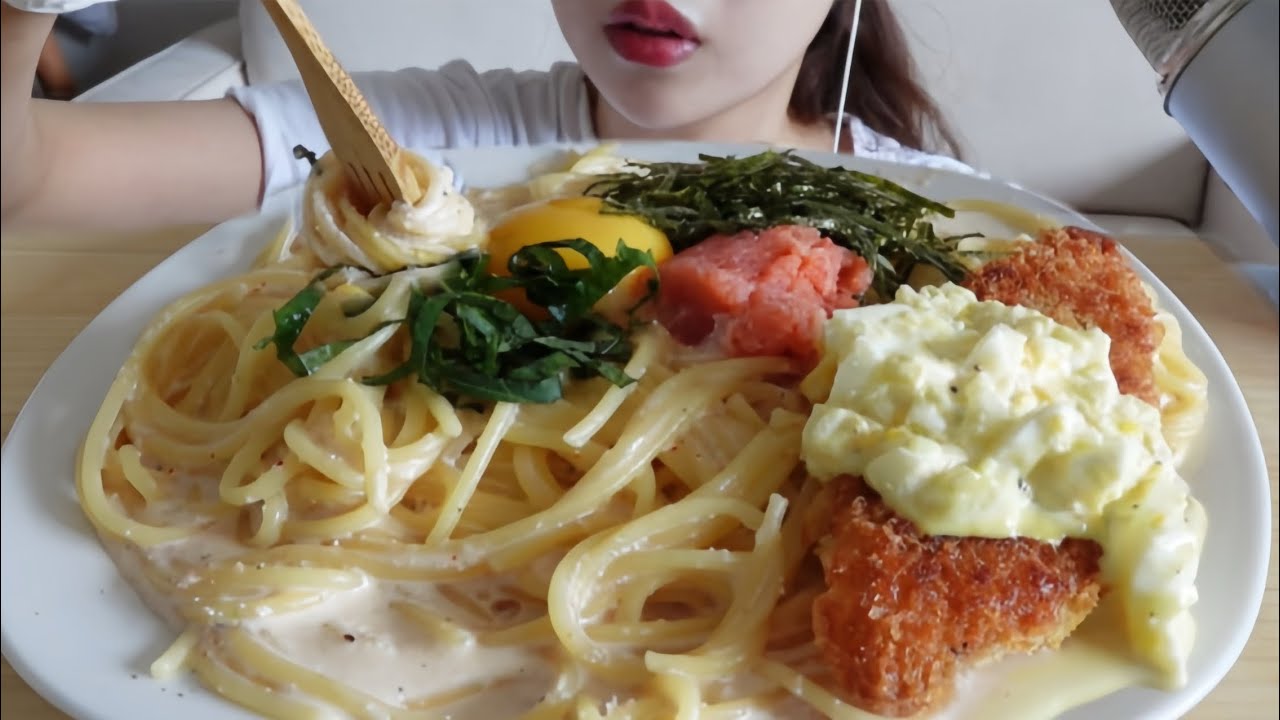 ASMR 明太クリームパスタ  白身魚フライ mentaiko cream pasta  fried whitefish  eating sounds