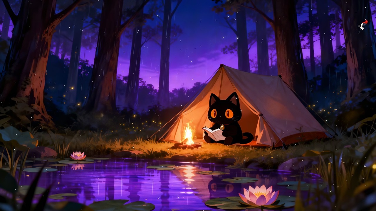Forest Night Camp 🌙 Lofi Cat | Study Lofi Beats [Crickets, Campfire & Nature Ambience]