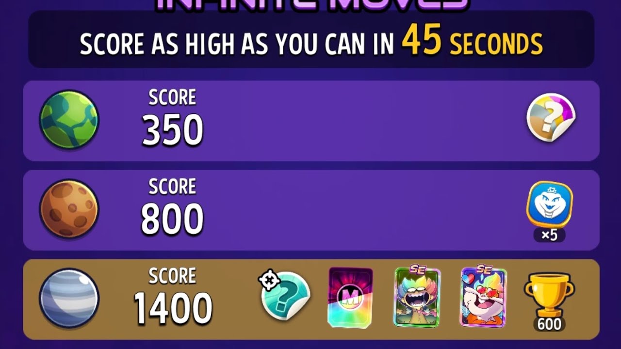 Match masters solo challenge today cosmic rush gem grab score 1400 in 45 seconds infinite moves