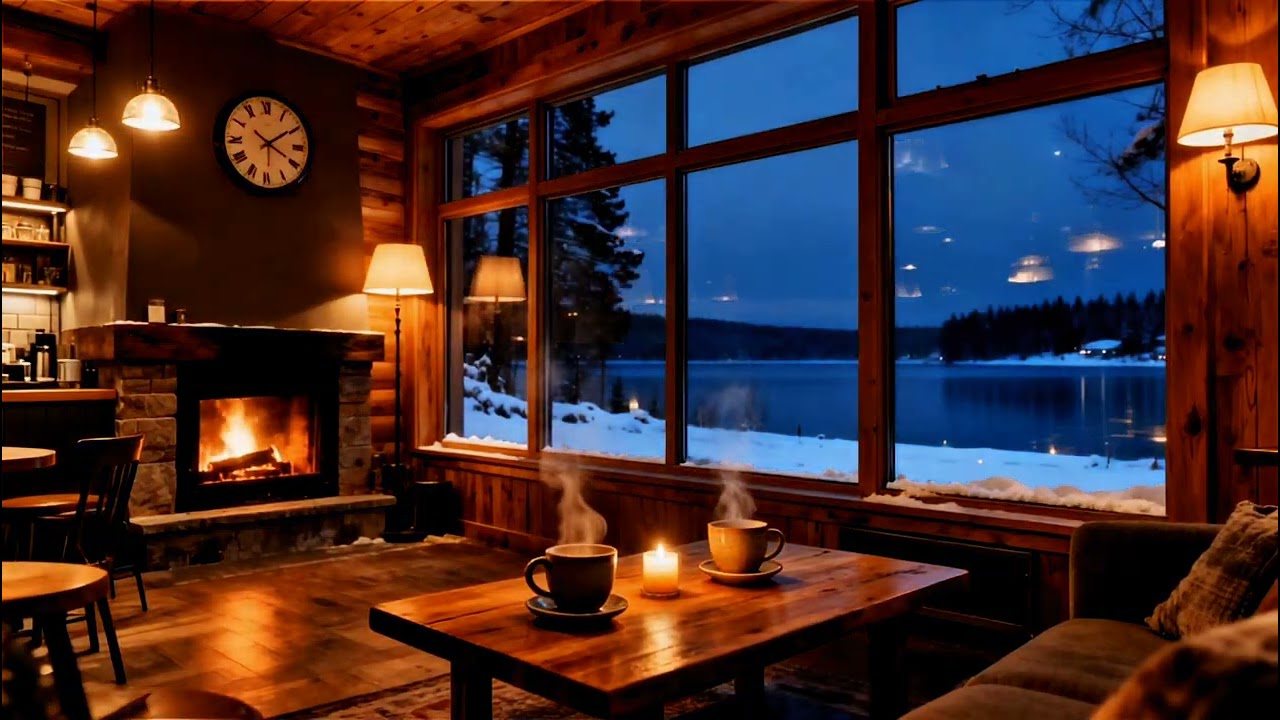 Cozy Coffee Shop Ambience ☕ Warm Fireplace and Relaxing Piano Jazz for Winter Night