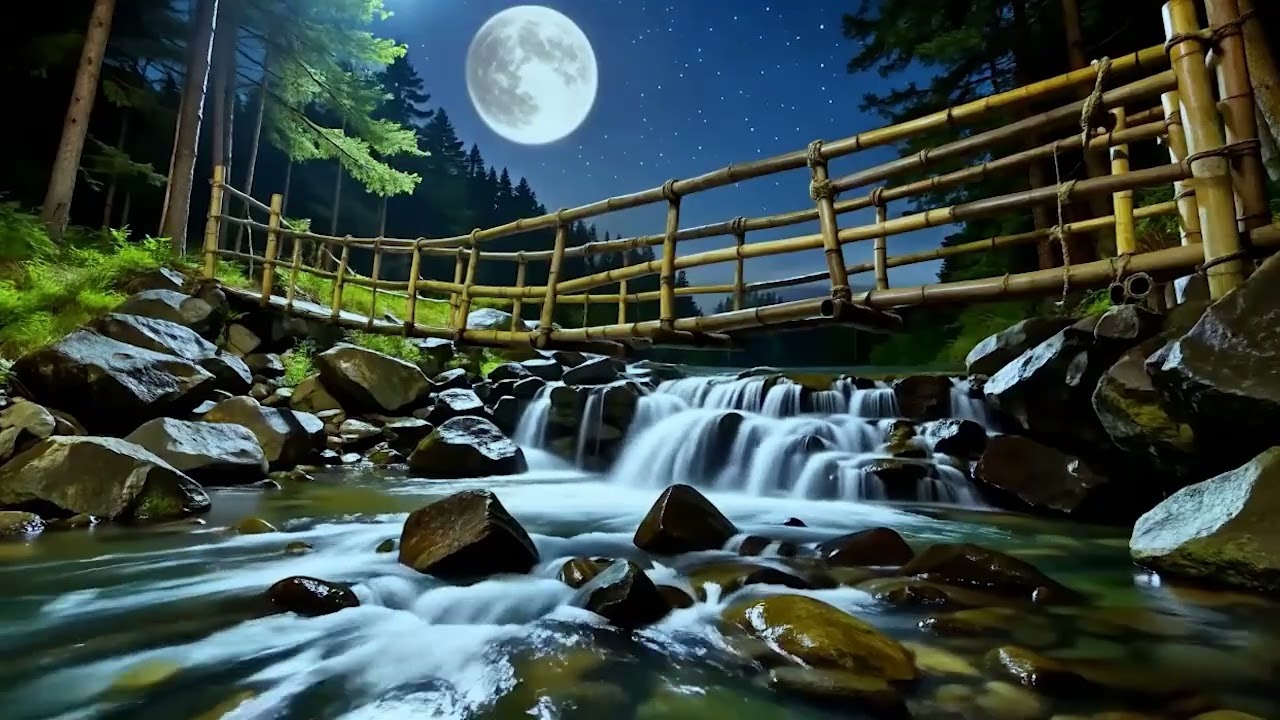 Night Waterfall Sounds 🌙💧 Bamboo Bridge Under the Stars
