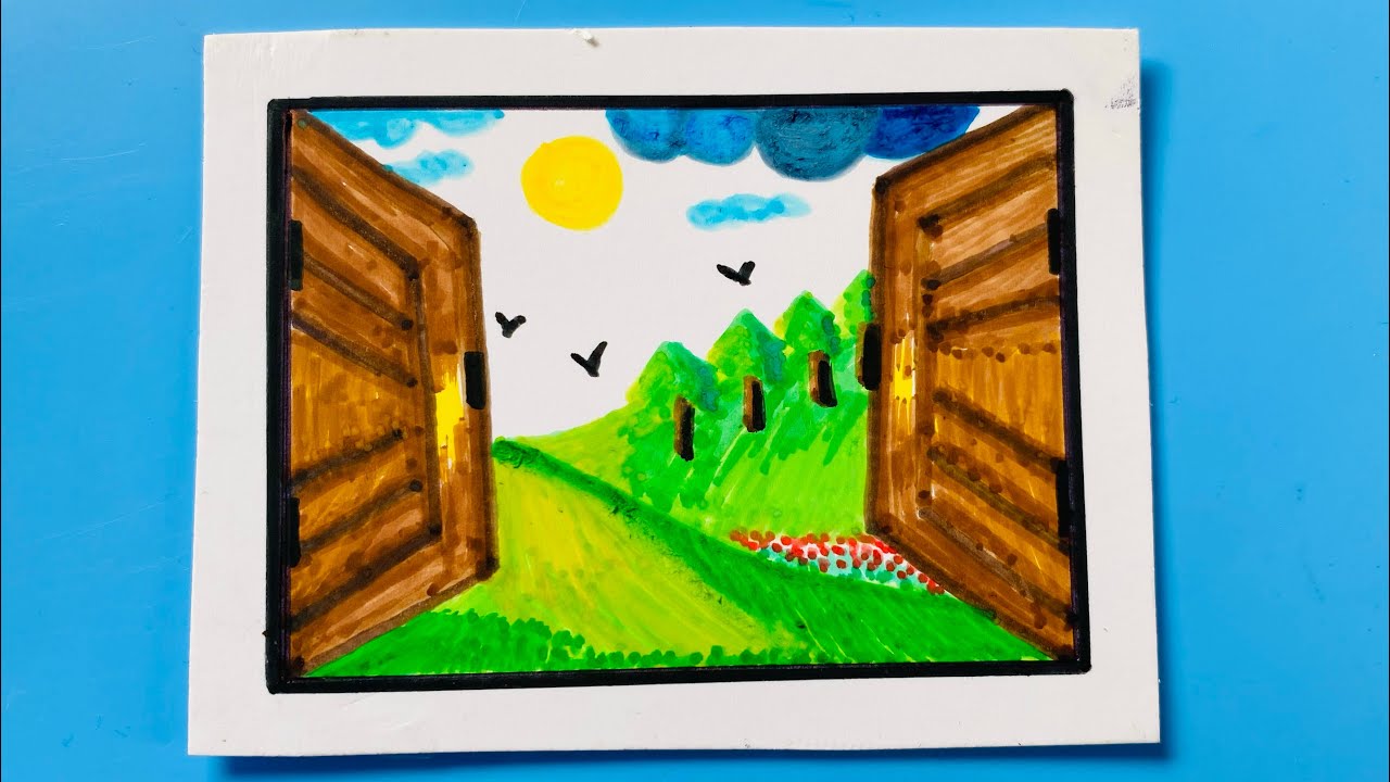 Mountain Scenery Through Window Drawing /  Mountain Landscape Window Illustration