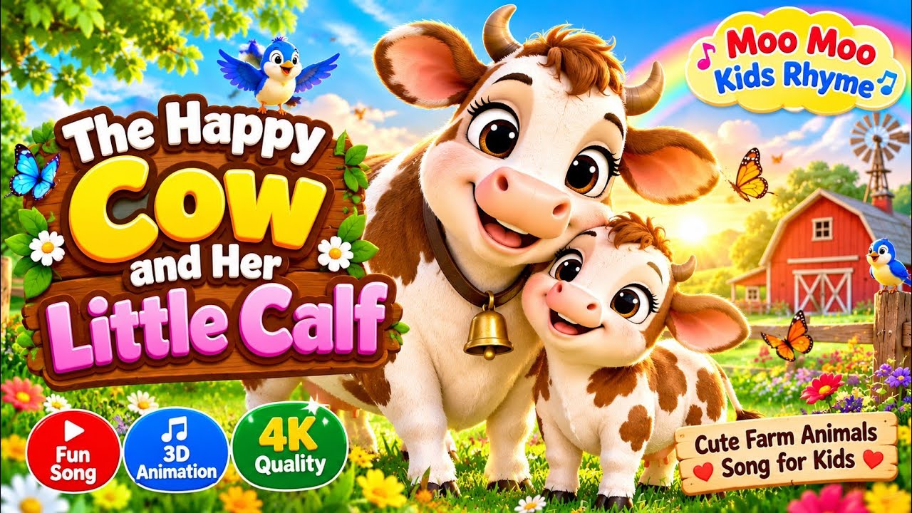 🐄🌈 The Happy Cow and Her Little Calf | Moo Moo Kids Rhyme | 3D Animated Farm Animal Song for Kids