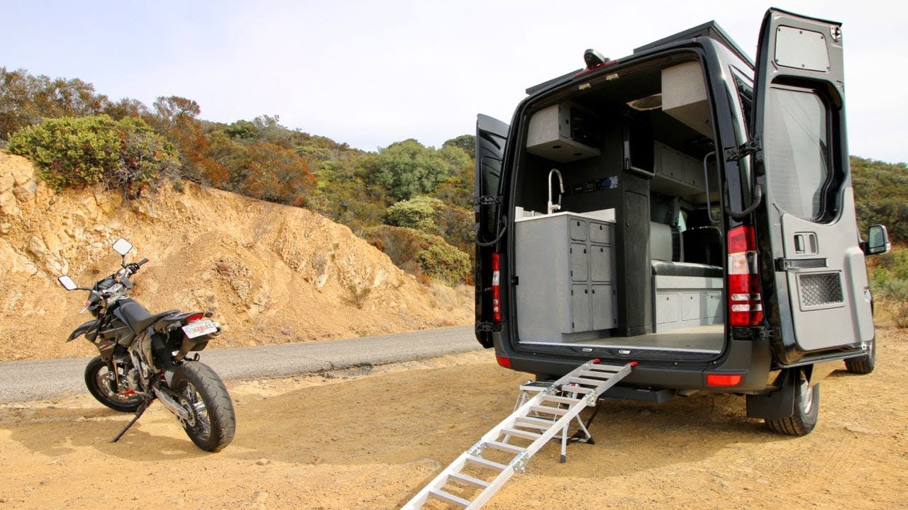 Mercedes Sprinter Van Converted into Camper with Motorcycle Inside
