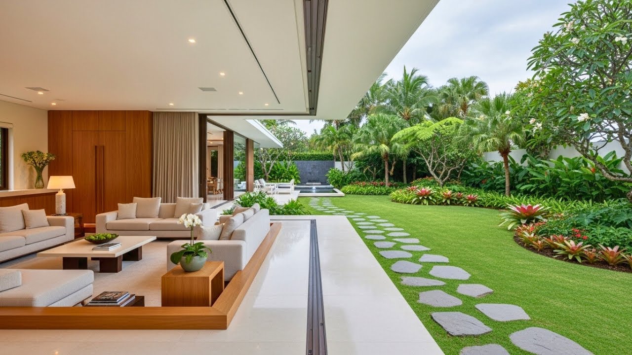 Seamless Indoor-Outdoor Elegant Living Room with Lush Backyard Garden for Modern Home