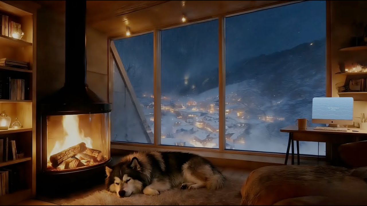 Snow Storm Sleep Sounds ❄️ Mountain Cabin Fireplace Crackling | 8 Hours Cozy Winter White Noise