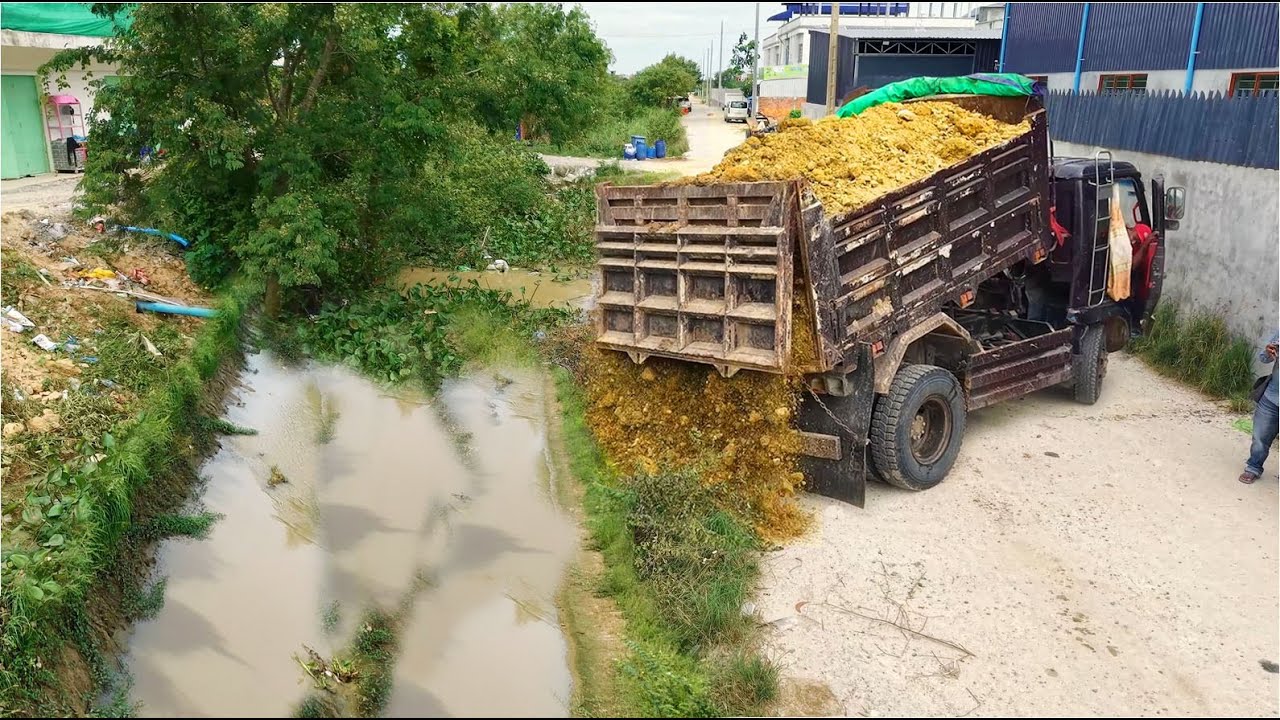  Started A New Project!Dum Truck Filling Land Delete Canal Develop, By SkillDozer D21P Pushing Soil 