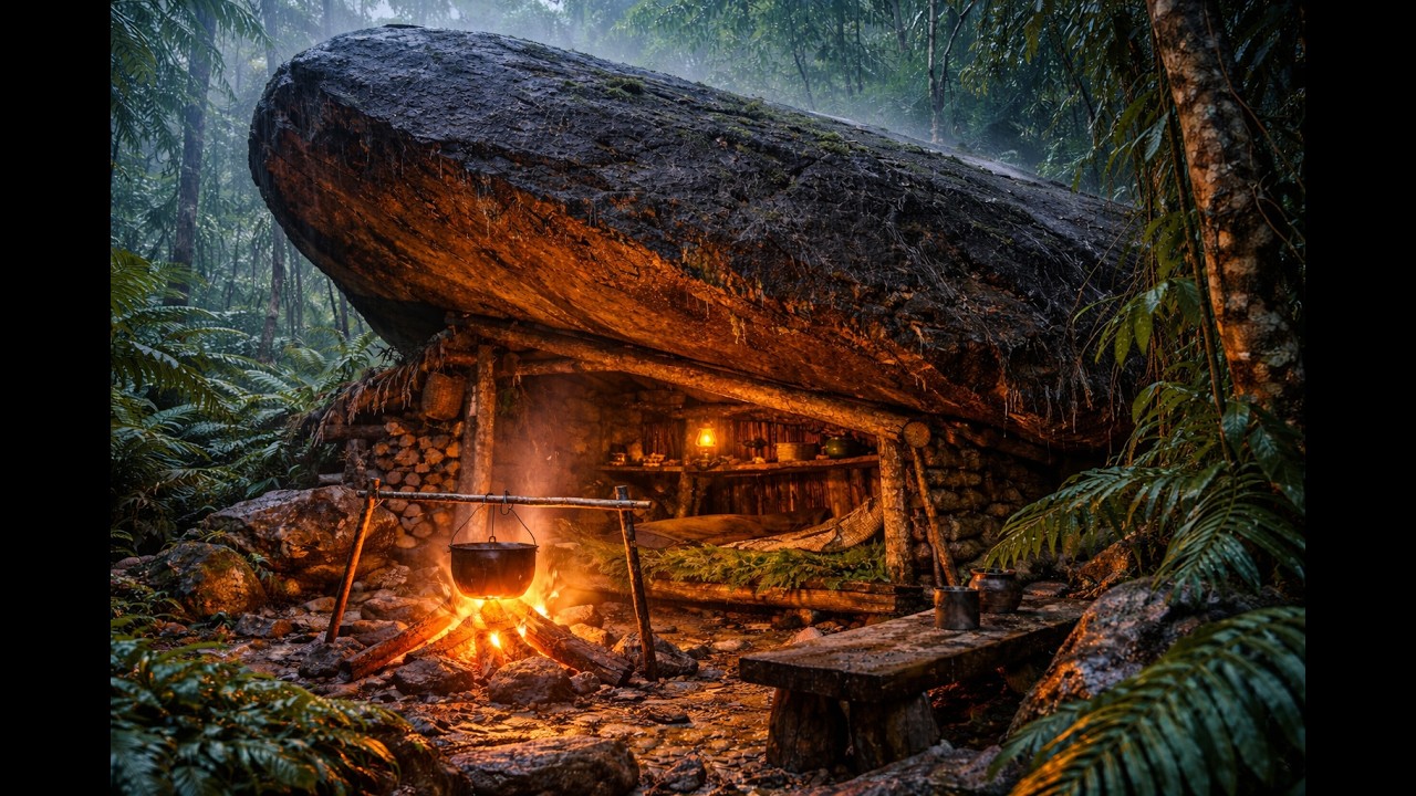 I Built a Survival Shelter Under a Giant Rock in the Rainforest (Warm Campfire All Night)