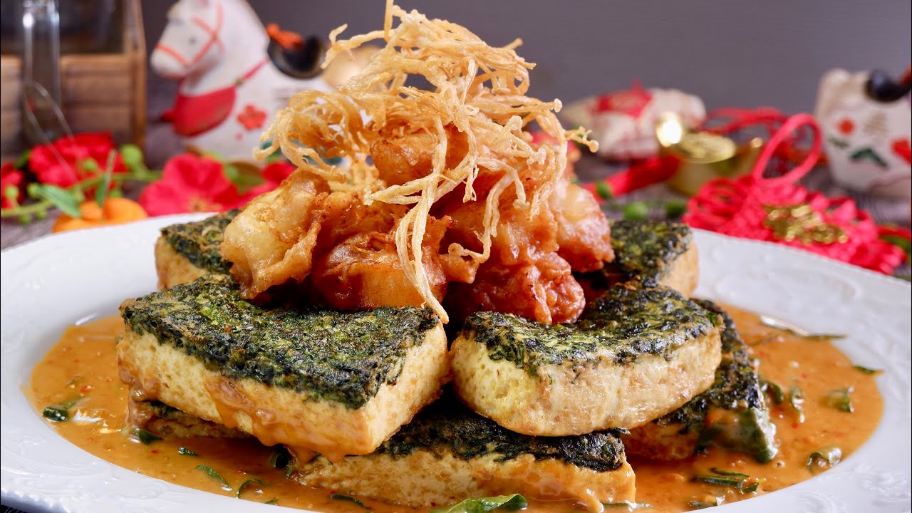 Homemade Spinach Tofu & Crispy Scallops in Salted Egg Yolk Sauce 咸蛋黄酱香脆扇贝菠菜豆腐 Chinese Recipe