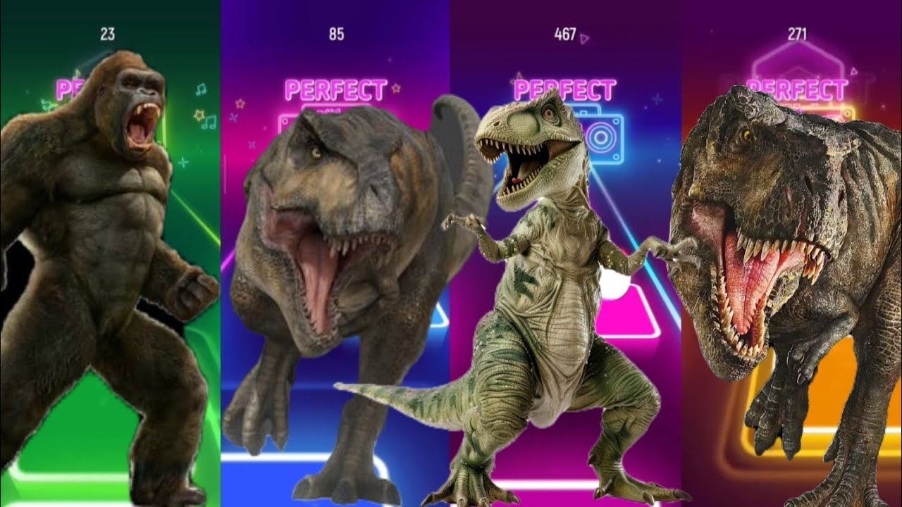 Gorilla vs 2 T-Rex PERFECT Battle in Tiles Hop! 🦍🦖🔥