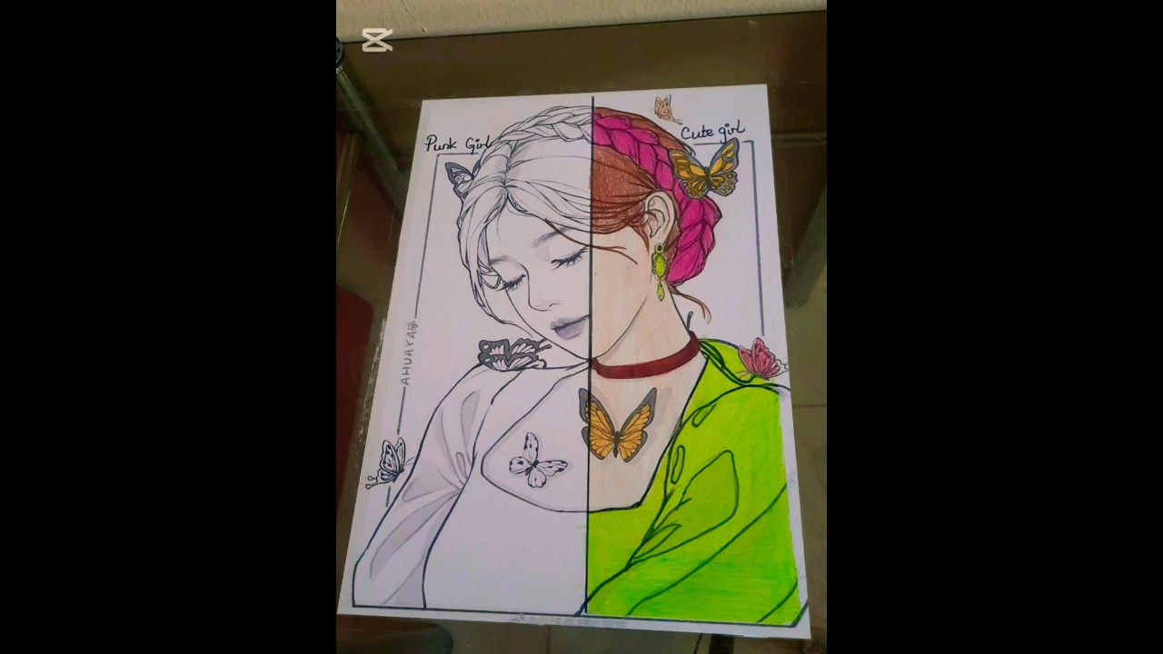 Punk Girl VS cute girl drawing challenge # aesthetic # drawing challenge # colouring # cute  girl