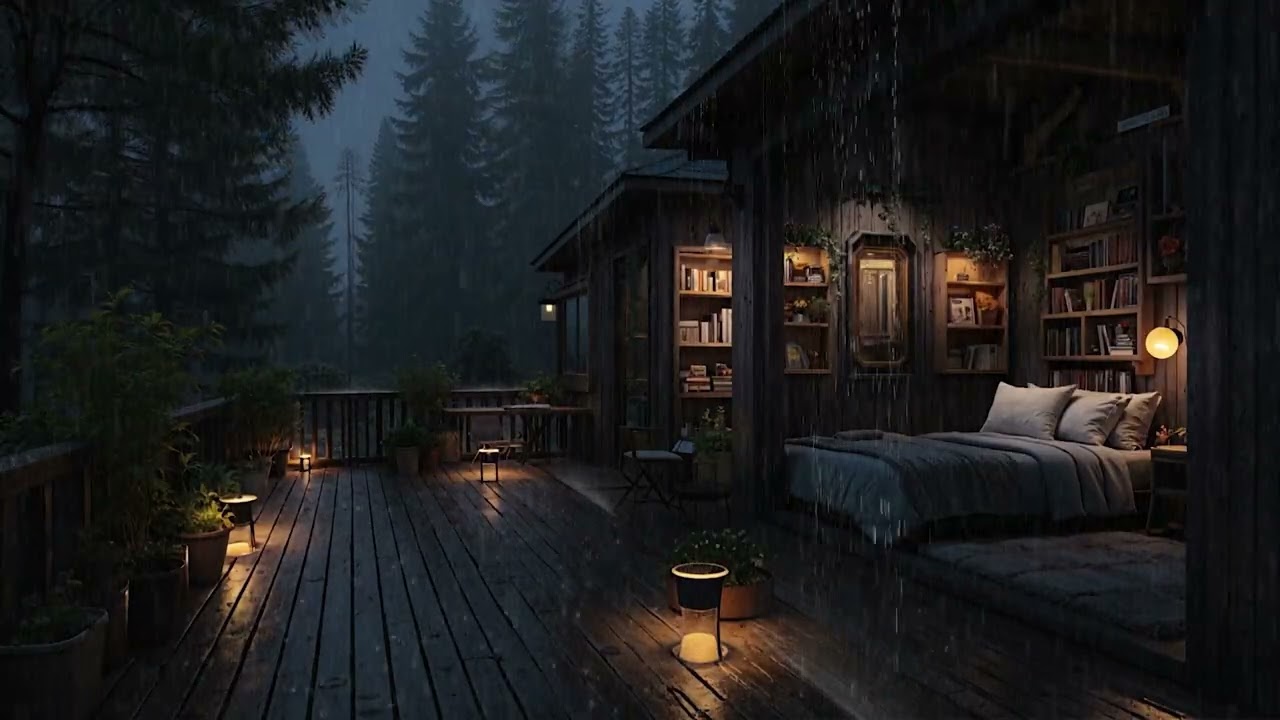 Gentle Cabin Rain Sounds at Night 🌲 | Dark Room Forest Ambience for Sleep | 4K - No Ads