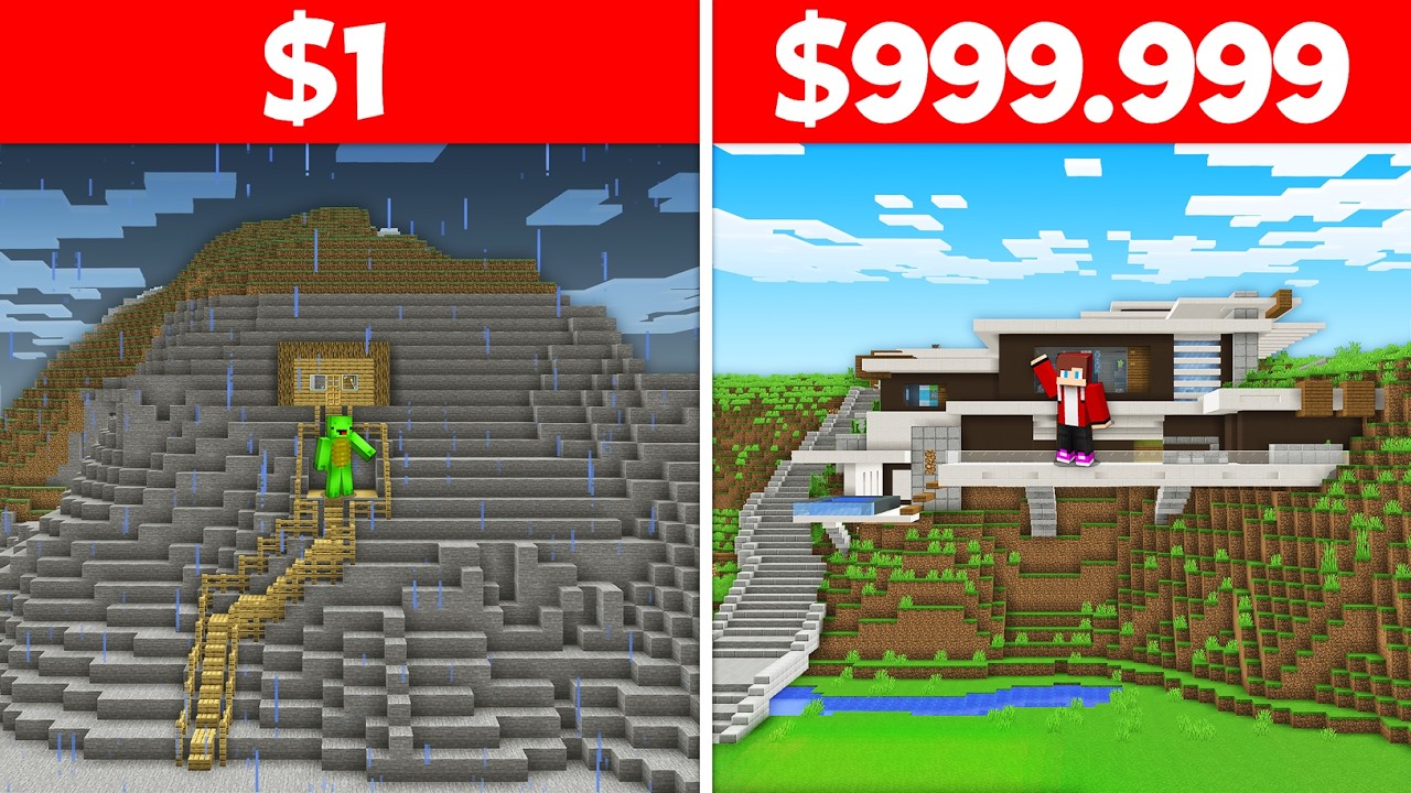 JJ and Mikey $1 vs $99999 BUILD CHALLENGE Mountain Cliff House in Minecraft - Maizen