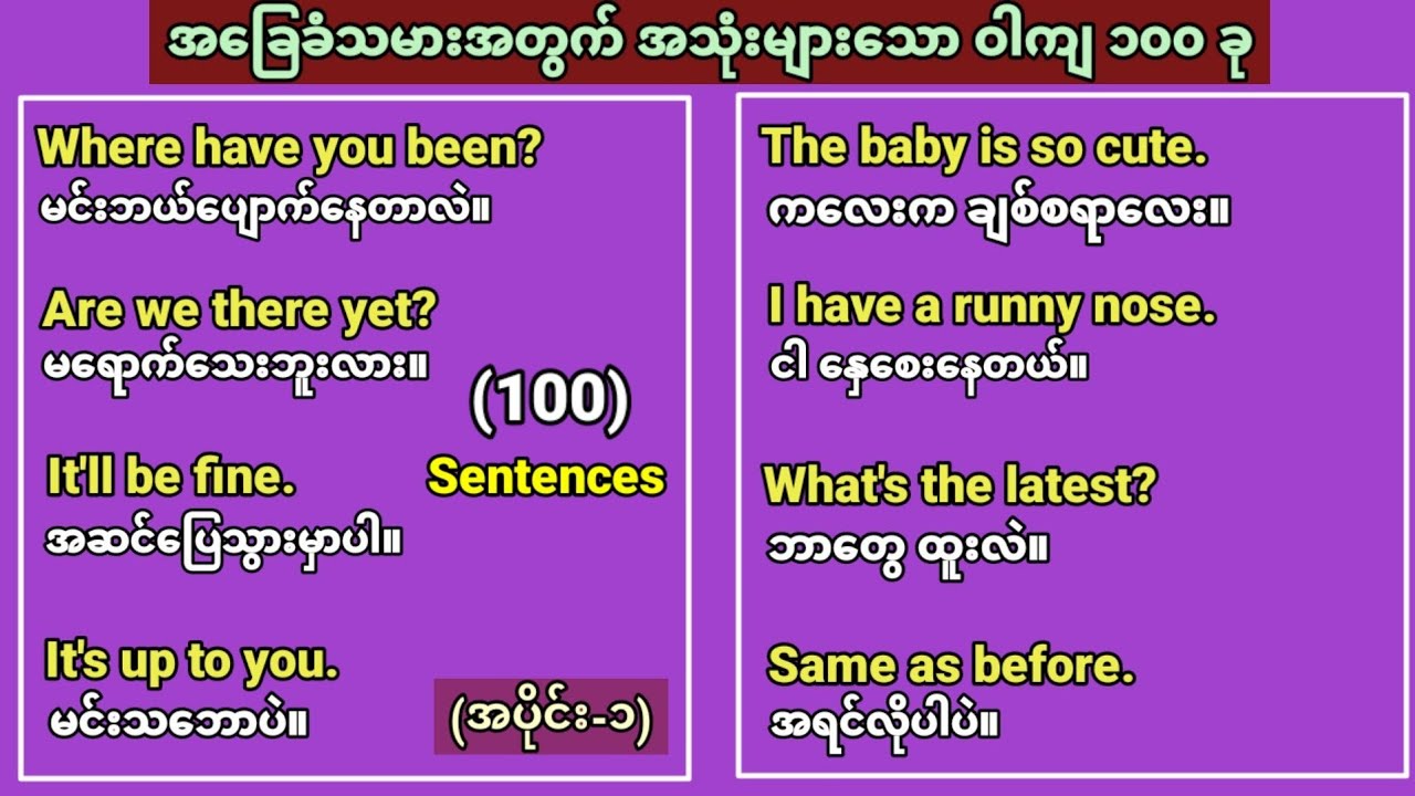 Super Basic English speaking. Ready to use 100 short sentences.အခြေခံ အင်္ဂလိပ်စကားပြော အတိုအထွာများ