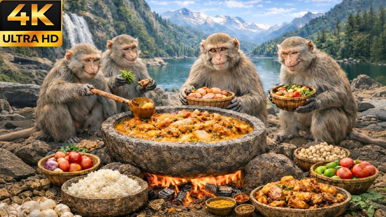 बंदर करी और आग के साथ जीवन का जश्न मनाते हैं ❤️Monkeys Celebrate Life with Curry and Fire