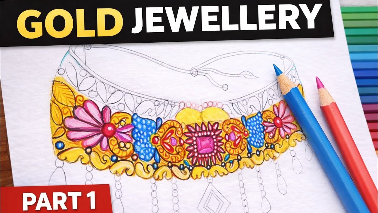 Gold Jewellery Design Illustration Part 1 | Necklace Coloring Process | Colored Pencil Art