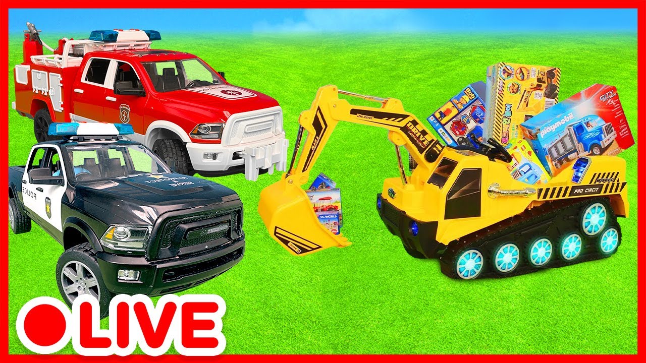 🚧🚒 Huge Toy Vehicles Compilation : Firetruck, Excavator, Tractor, Police | Toys for Kids | Kidibli