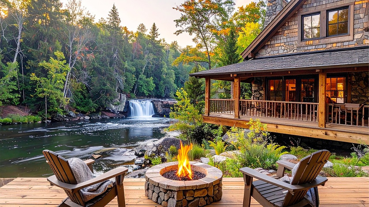 Riverfront Luxury Cabin: Relaxing Waterfall Sounds, Crackling Fire Pit & Sunset Forest