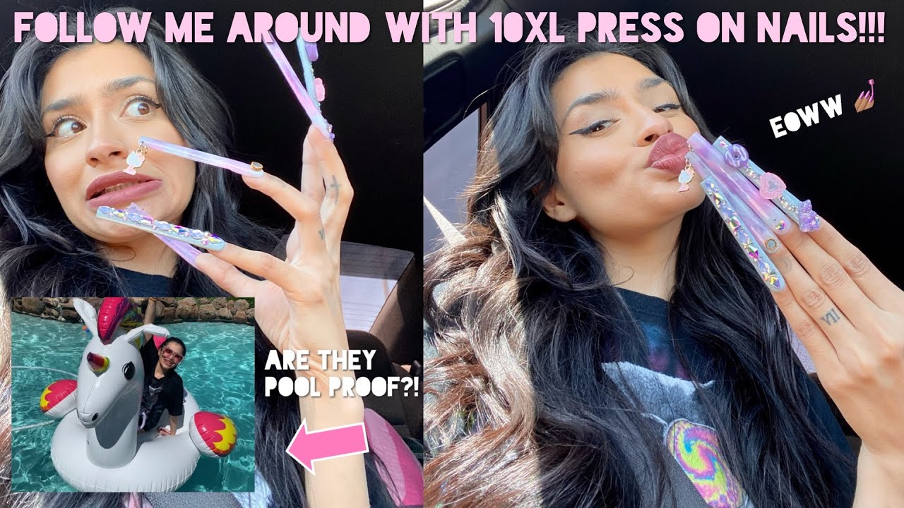 Follow me around with 10xl press on nails | will they last in the pool? | vanity Val