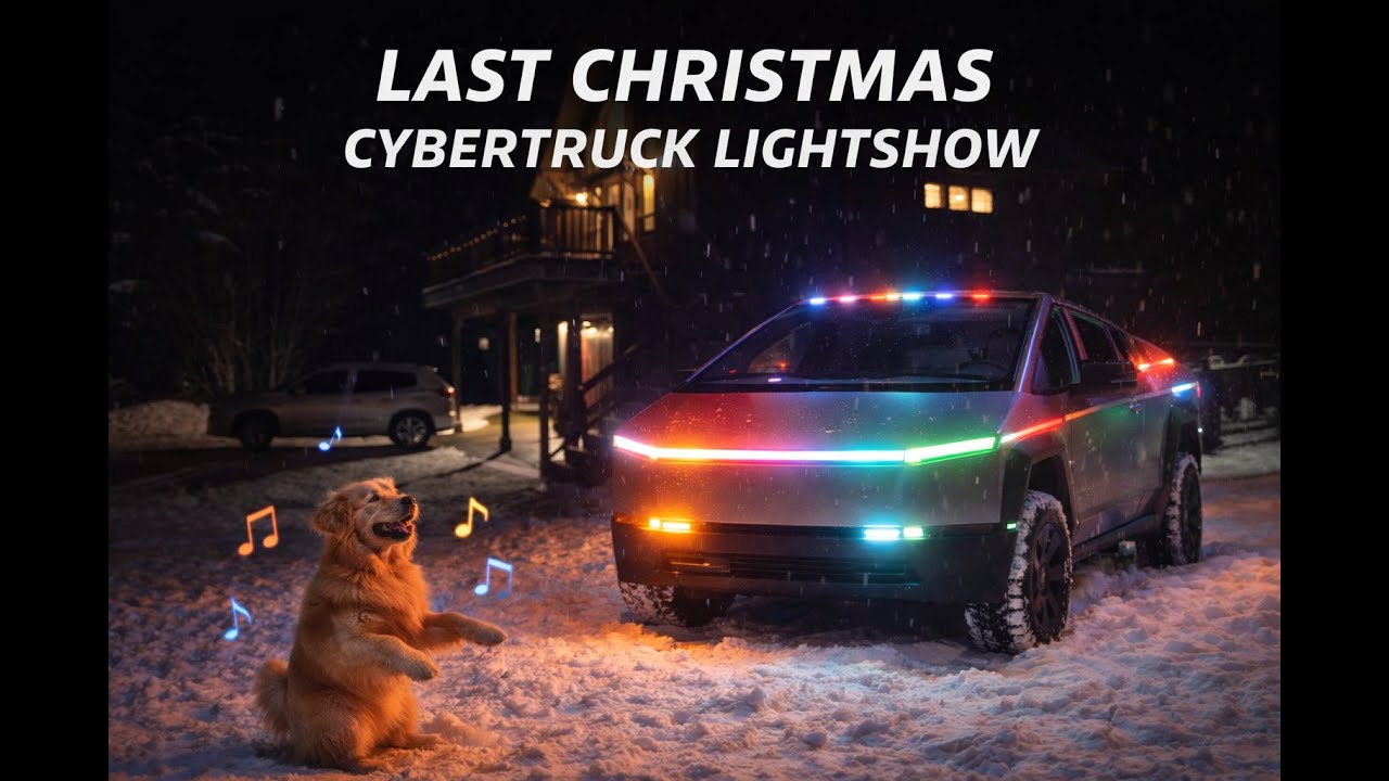 Jingle Rush Cybertruck Light Show with Dancing Golden Retriever
