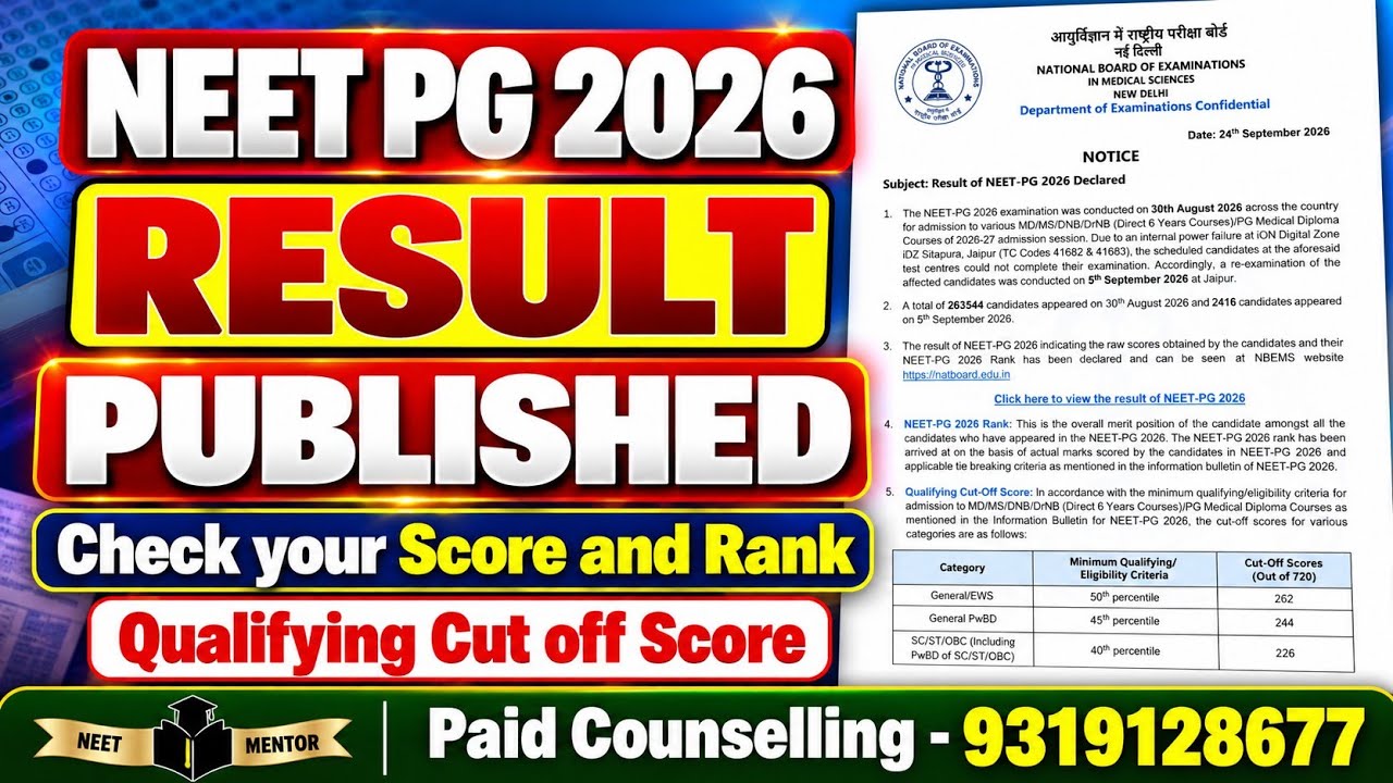 NEET PG 2026 🔥 Опубликованы результаты, проходной балл, позже будут ответы и бланки с решениями