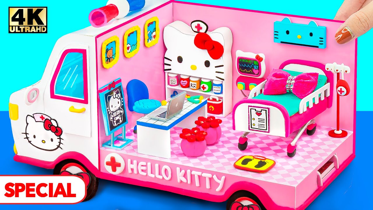 How To Make Cute Pink Hello Kitty Ambulance Hospital, DIY Doctor Play Set Toy from Clay, Cardboard