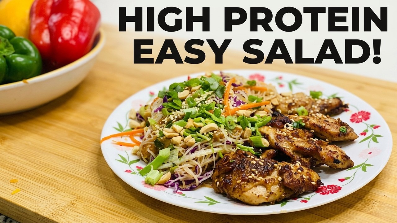 Healthy Peanut Noodle Salad with Air Fryer Chicken | Easy High Protein Salad