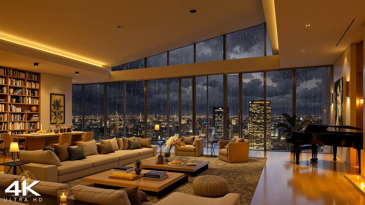 [4K] Relaxing Rainy Jazz in Los Angeles 🌧️ Warm Luxury Apartment & Calm Jazz Piano Music to Sleep