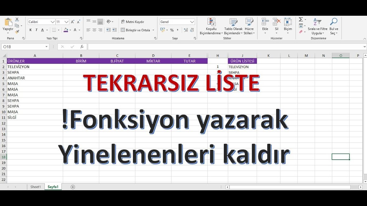 Excel Formül Yazarak Yinelenenleri Kaldırma(Tekrarsız Liste)