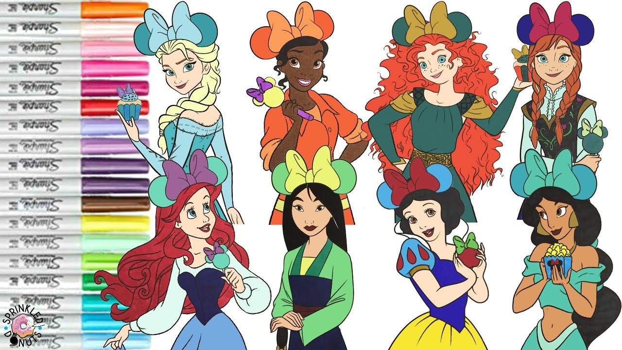 Disney Princess Coloring Book Compilation Merida Ariel Elsa Anna Tiana Mulan Jasmine Snow White