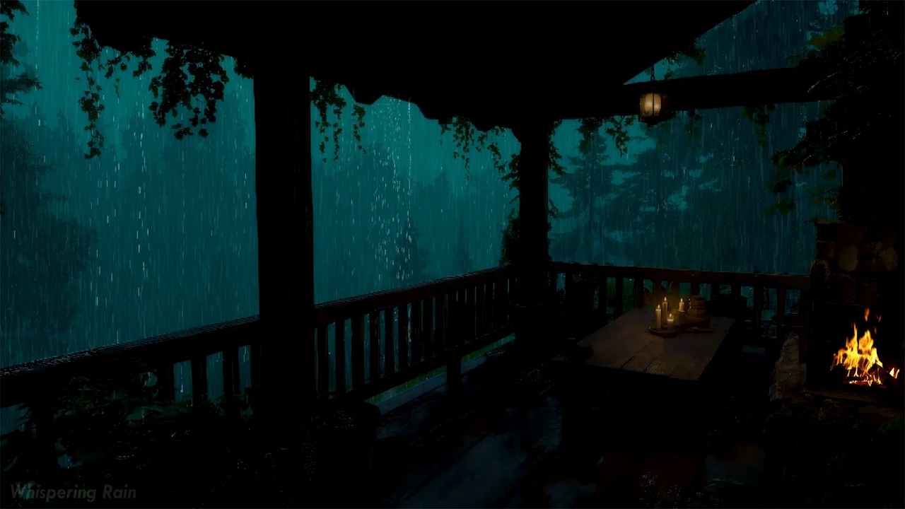 Rain, Thunder & Cozy Fire 🌧️ Wooden Balcony at Night | Gentle Sounds for Deep Relaxation