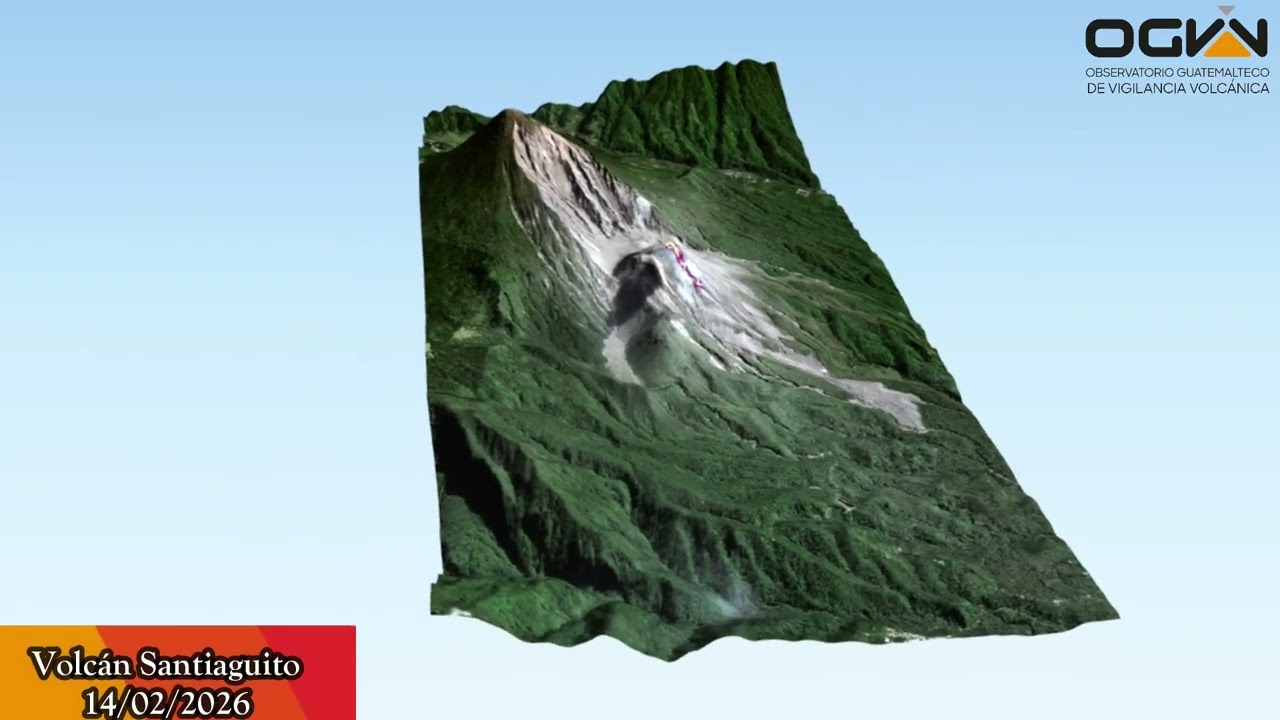 Imagen Satelital Landsat-9, volcán Santiaguito del 14 de febrero del 2026.