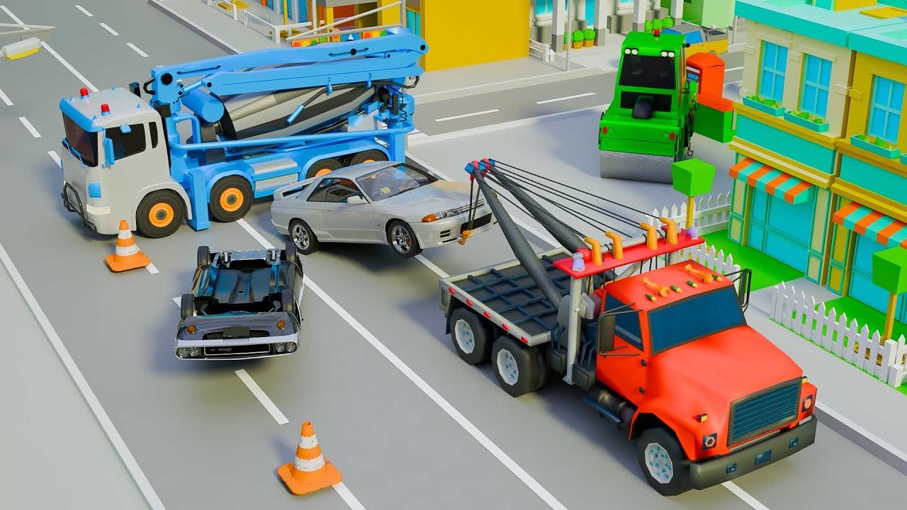 Rescue & Repair Mission! Cement Mixer & Tow Truck Work Together | 3D Construction Vehicles