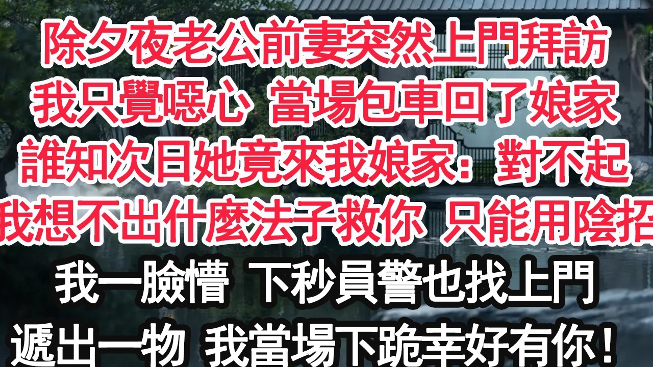 除夕夜老公前妻突然上門拜訪我只覺噁心 當場包車回了娘家誰知次日她竟來我娘家：對不起我想不出什麼法子救你 只能用陰招我一臉懵 下秒員警也找上門遞出一物 我當場下跪幸好有你！【亞男】【大女主】【婚姻自主】