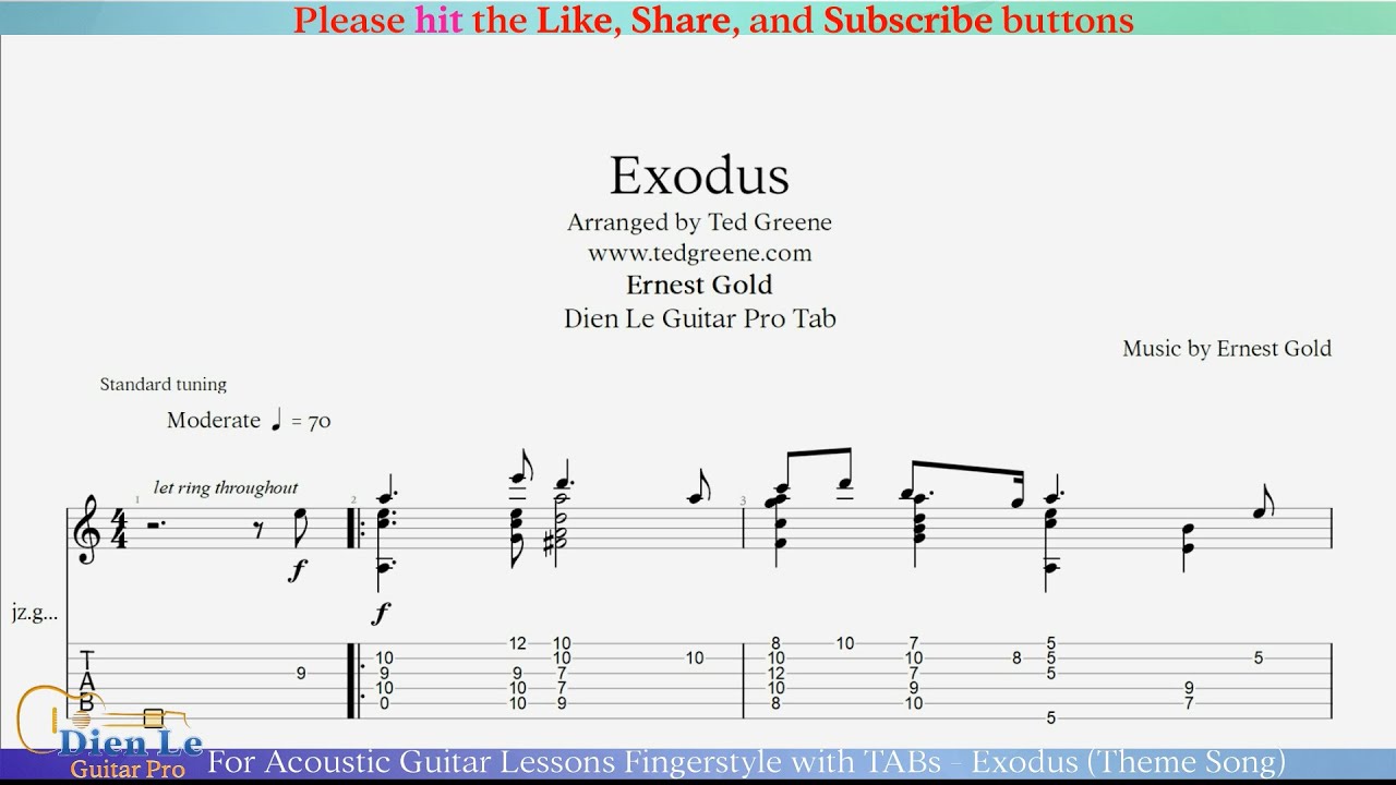 Exodus (Theme Song) - For Acoustic Guitar Lessons Fingerstyle with TABs