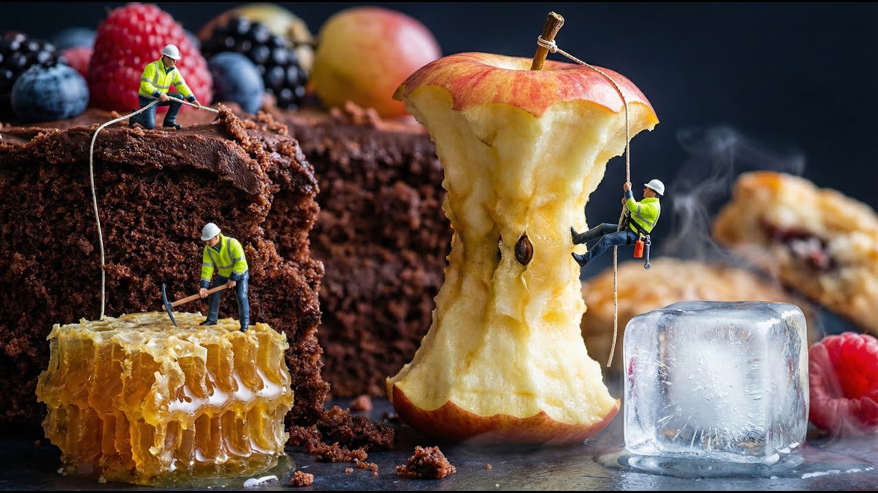 Tiny Workers in a Giant Food Universe #TinyWorkers #GiantFood #MiniatureWorld #CinematicAI
