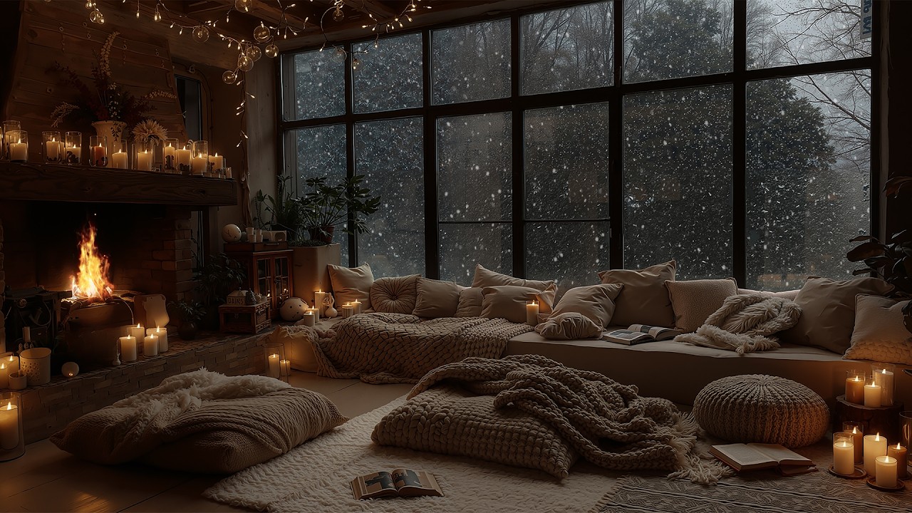 Warm Cabin Glow in the Snowfall ⛄ | Cozy Fireplace & Soft Piano for Sleep & Relaxation