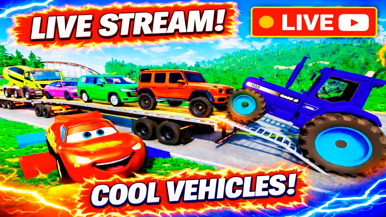 TRANSPORTING PIXAR CARS & FRUITS WITH COLORED & JOHN DEERE vs CLAAS vs TRACTORS - BeamNG.drive #983