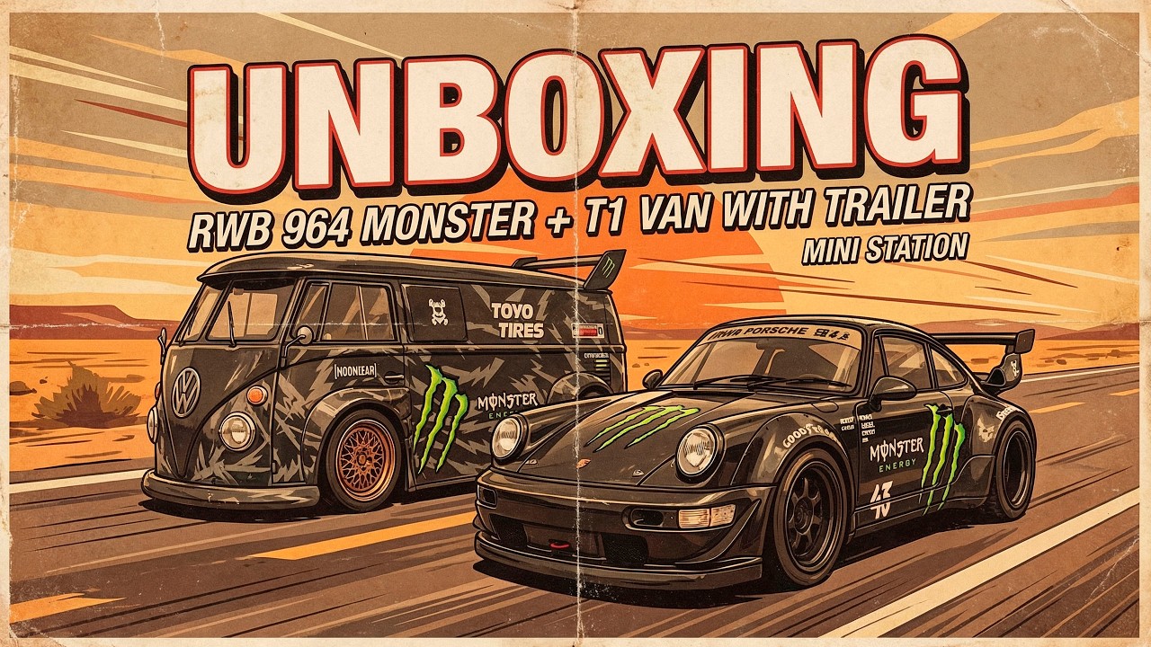 UNBOXING RWB 964 monster and VW T1 Van with trailer | Mini Station 1:64 diecast