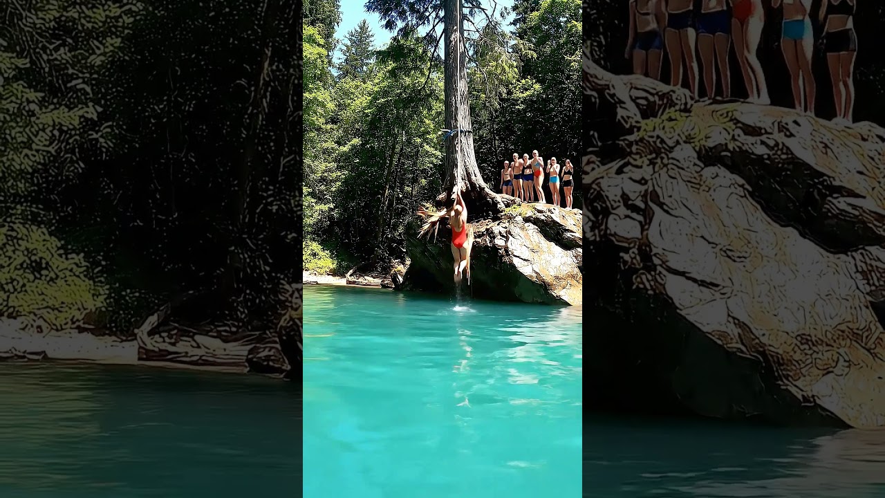 Epic Splash! 🌊🤯 Girl Takes the Plunge on a Giant Rope Swing into Crystal Blue Water!