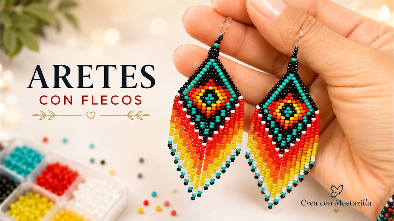 ARETES EN MOSTACILLAS 🤩 Fuego Ancestral 🔥CON FLECOS MULTICOLOR (PASO A PASO)